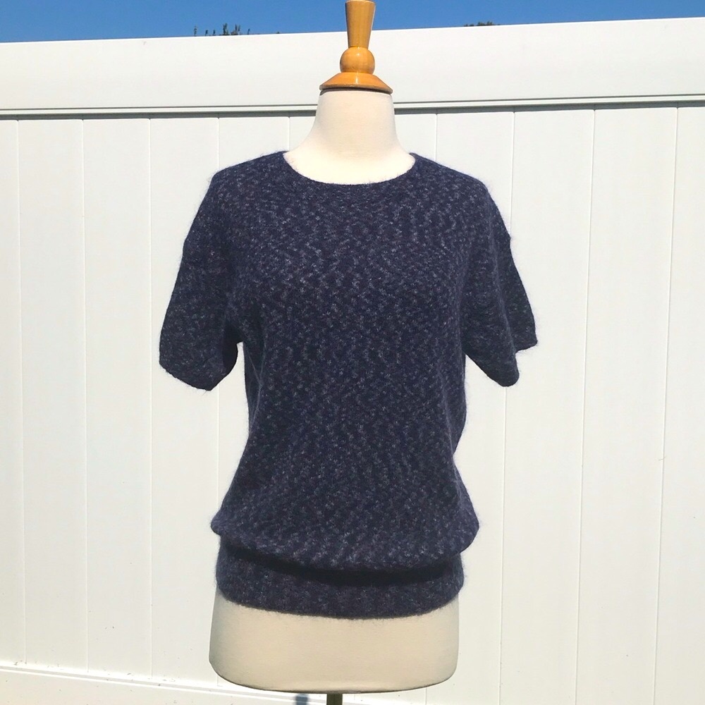 Theory Navy Blue Speckled Crew Neck Short Sleeve Mohair Wool Sweater Size Small